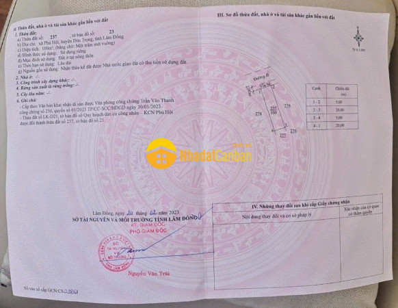 Bán đất thổ cư 5mx20m,mặt tiền đường nhựa xã phú hội,đức trọng,lâm đồng chỉ 1 tỷ